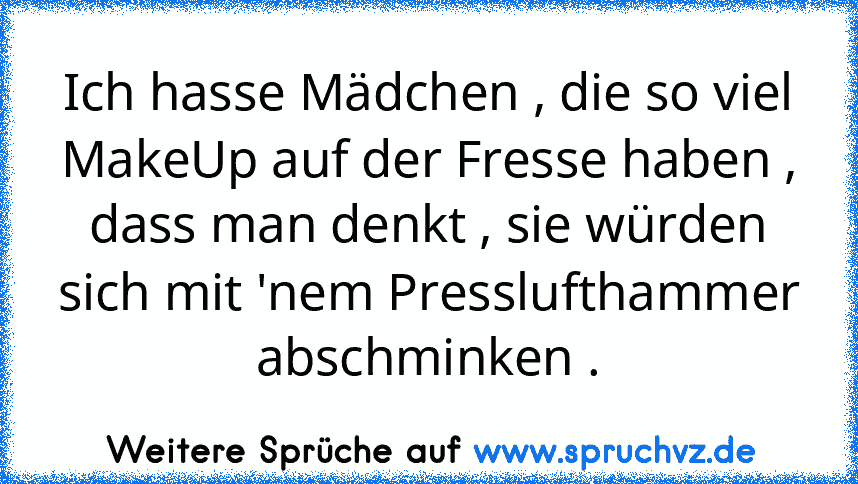 Ich hasse Mädchen , die so viel MakeUp auf der Fresse haben , dass man denkt , sie würden sich mit 'nem Presslufthammer abschminken .