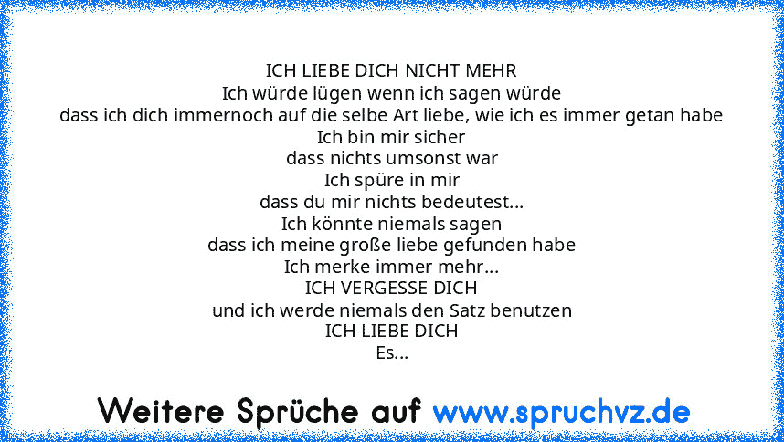 ICH LIEBE DICH NICHT MEHR
Ich würde lügen wenn ich sagen würde
dass ich dich immernoch auf die selbe Art liebe, wie ich es immer getan habe
Ich bin mir sicher
dass nichts umsonst war
Ich spüre in mir
dass du mir nichts bedeutest...
Ich könnte niemals sagen
dass ich meine große liebe gefunden habe
Ich merke immer mehr...
ICH VERGESSE DICH
und ich werde niemals den Satz benutzen
ICH LIEBE DICH
Es tu...