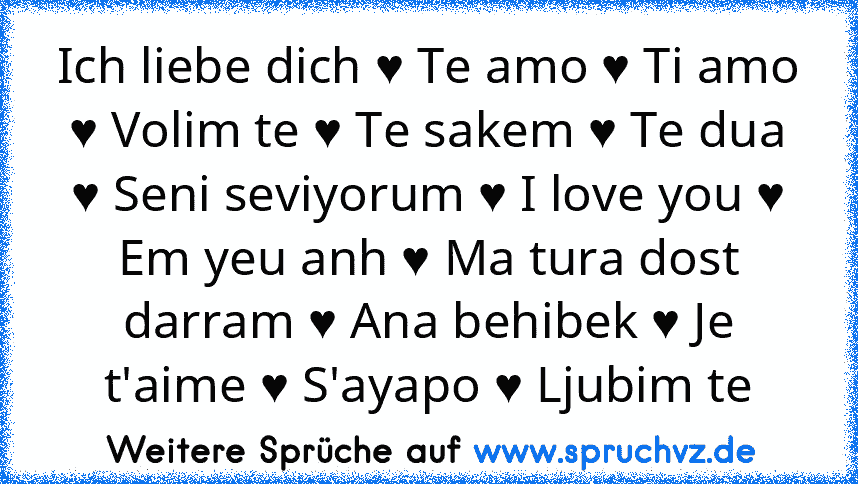 Ich liebe dich ♥ Te amo ♥ Ti amo ♥ Volim te ♥ Te sakem ♥ Te dua ♥ Seni seviyorum ♥ I love you ♥ Em yeu anh ♥ Ma tura dost darram ♥ Ana behibek ♥ Je t'aime ♥ S'ayapo ♥ Ljubim te