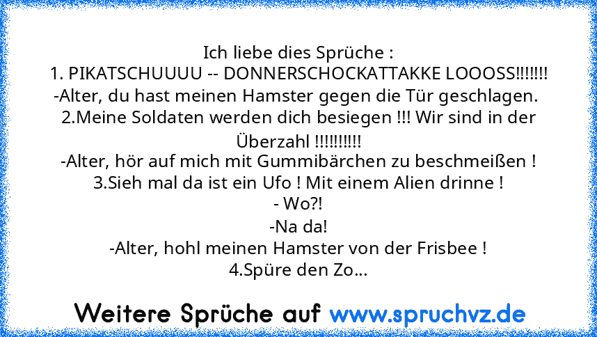 Ich liebe dies Sprüche :
1. PIKATSCHUUUU -- DONNERSCHOCKATTAKKE LOOOSS!!!!!!!
-Alter, du hast meinen Hamster gegen die Tür geschlagen. 
2.Meine Soldaten werden dich besiegen !!! Wir sind in der Überzahl !!!!!!!!!!
-Alter, hör auf mich mit Gummibärchen zu beschmeißen !
3.Sieh mal da ist ein Ufo ! Mit einem Alien drinne !
- Wo?!
-Na da!
-Alter, hohl meinen Hamster von der Frisbee !
4.Spüre den Zo...