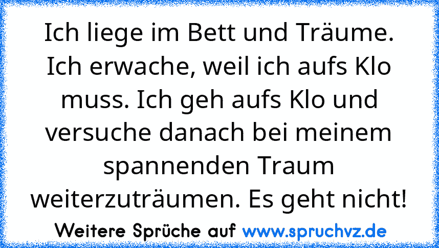 Ich liege im Bett und Träume. Ich erwache, weil ich aufs Klo muss. Ich geh aufs Klo und versuche danach bei meinem spannenden Traum weiterzuträumen. Es geht nicht!