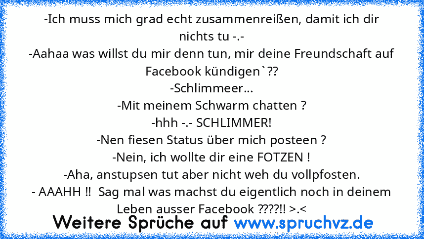 -Ich muss mich grad echt zusammenreißen, damit ich dir nichts tu -.-
-Aahaa was willst du mir denn tun, mir deine Freundschaft auf Facebook kündigen`??
-Schlimmeer...
-Mit meinem Schwarm chatten ?
-hhh -.- SCHLIMMER!
-Nen fiesen Status über mich posteen ?
-Nein, ich wollte dir eine FOTZEN !
-Aha, anstupsen tut aber nicht weh du vollpfosten.
- AAAHH !!  Sag mal was machst du eigentlich noch in d...