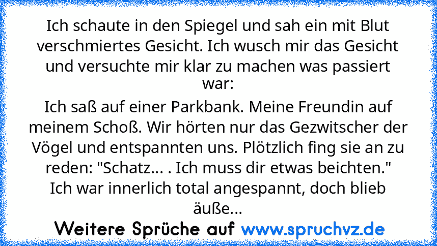 Ich schaute in den Spiegel und sah ein mit Blut verschmiertes Gesicht. Ich wusch mir das Gesicht und versuchte mir klar zu machen was passiert war:
Ich saß auf einer Parkbank. Meine Freundin auf meinem Schoß. Wir hörten nur das Gezwitscher der Vögel und entspannten uns. Plötzlich fing sie an zu reden: "Schatz... . Ich muss dir etwas beichten."
Ich war innerlich total angespannt, doch blieb äuße...