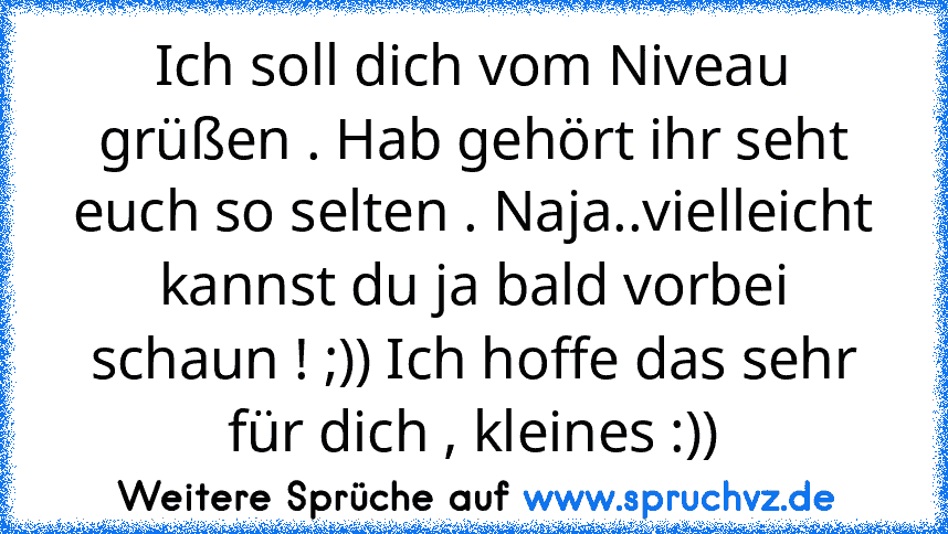 Ich soll dich vom Niveau grüßen . Hab gehört ihr seht euch so selten . Naja..vielleicht kannst du ja bald vorbei schaun ! ;)) Ich hoffe das sehr für dich , kleines :))