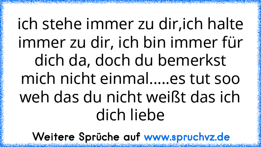 ich stehe immer zu dir,ich halte immer zu dir, ich bin immer für dich da, doch du bemerkst mich nicht einmal.....es tut soo weh das du nicht weißt das ich dich liebe