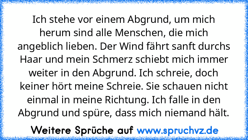 Ich stehe vor einem Abgrund, um mich herum sind alle Menschen, die mich angeblich lieben. Der Wind fährt sanft durchs Haar und mein Schmerz schiebt mich immer weiter in den Abgrund. Ich schreie, doch keiner hört meine Schreie. Sie schauen nicht einmal in meine Richtung. Ich falle in den Abgrund und spüre, dass mich niemand hält.