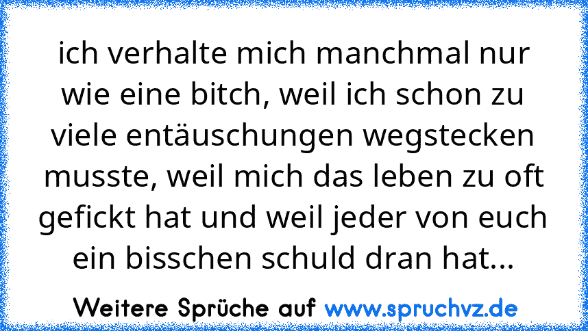 ich verhalte mich manchmal nur wie eine bitch, weil ich schon zu viele entäuschungen wegstecken musste, weil mich das leben zu oft gefickt hat und weil jeder von euch ein bisschen schuld dran hat...