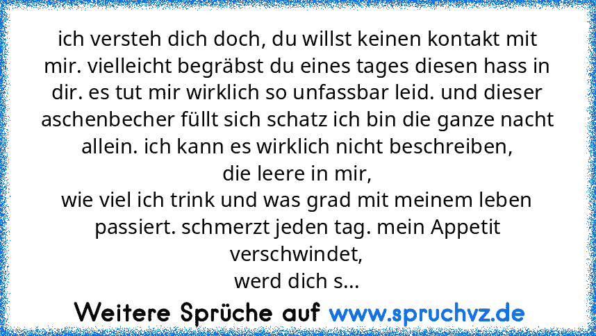 ich versteh dich doch, du willst keinen kontakt mit mir. vielleicht begräbst du eines tages diesen hass in dir. es tut mir wirklich so unfassbar leid. und dieser aschenbecher füllt sich schatz ich bin die ganze nacht allein. ich kann es wirklich nicht beschreiben,
die leere in mir,
wie viel ich trink und was grad mit meinem leben passiert. schmerzt jeden tag. mein Appetit verschwindet,
werd dic...