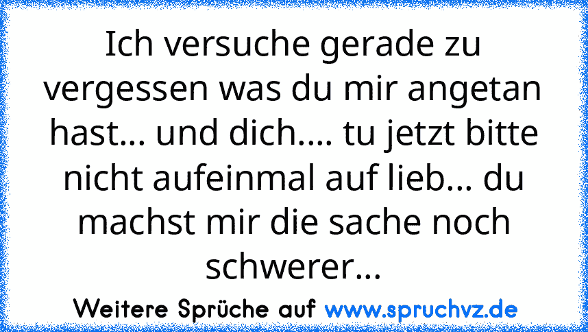 Ich versuche gerade zu vergessen was du mir angetan hast... und dich.... tu jetzt bitte nicht aufeinmal auf lieb... du machst mir die sache noch schwerer...