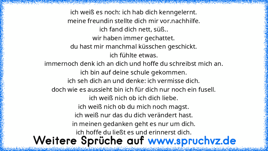 ich weiß es noch: ich hab dich kenngelernt.
meine freundin stellte dich mir vor.nachhilfe.
ich fand dich nett, süß..
wir haben immer gechattet.
du hast mir manchmal küsschen geschickt.
ich fühlte etwas.
immernoch denk ich an dich und hoffe du schreibst mich an.
ich bin auf deine schule gekommen.
ich seh dich an und denke: ich vermisse dich.
doch wie es aussieht bin ich für dich nur noch ein fus...