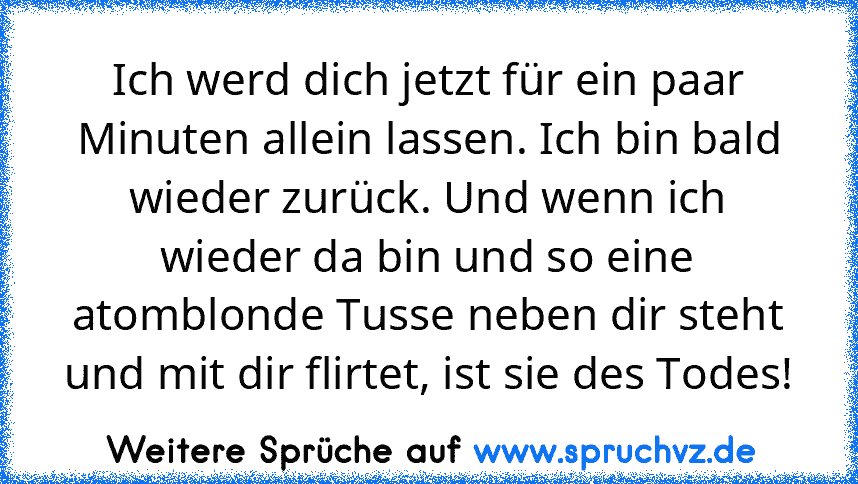 Ich werd dich jetzt für ein paar Minuten allein lassen. Ich bin bald wieder zurück. Und wenn ich wieder da bin und so eine atomblonde Tusse neben dir steht und mit dir flirtet, ist sie des Todes!