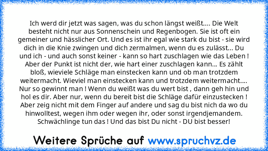 Ich werd dir jetzt was sagen, was du schon längst weißt.... Die Welt besteht nicht nur aus Sonnenschein und Regenbogen. Sie ist oft ein gemeiner und hässlicher Ort. Und es ist ihr egal wie stark du bist - sie wird dich in die Knie zwingen und dich zermalmen, wenn du es zulässt... Du und ich - und auch sonst keiner - kann so hart zuschlagen wie das Leben ! Aber der Punkt ist nicht der, wie hart ein...