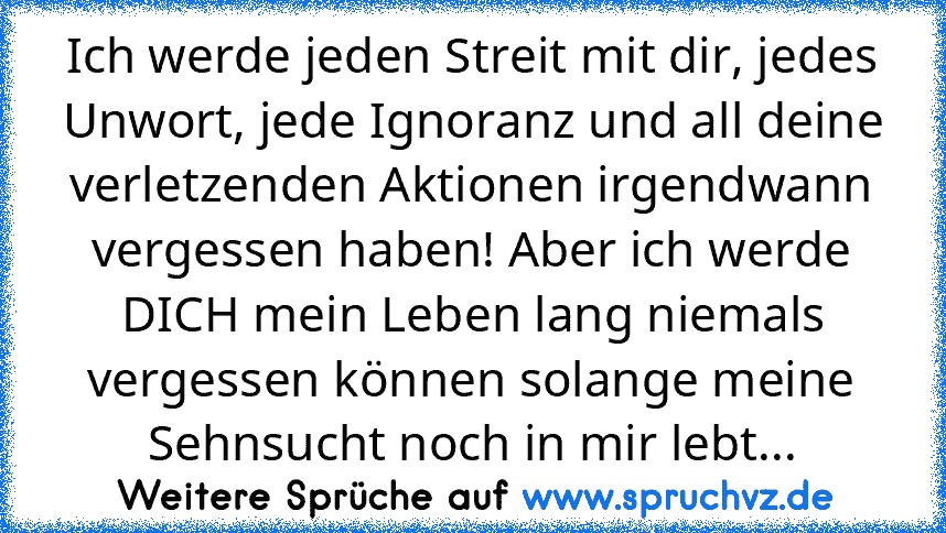 Ich werde jeden Streit mit dir, jedes Unwort, jede Ignoranz und all deine verletzenden Aktionen irgendwann vergessen haben! Aber ich werde DICH mein Leben lang niemals vergessen können solange meine Sehnsucht noch in mir lebt...