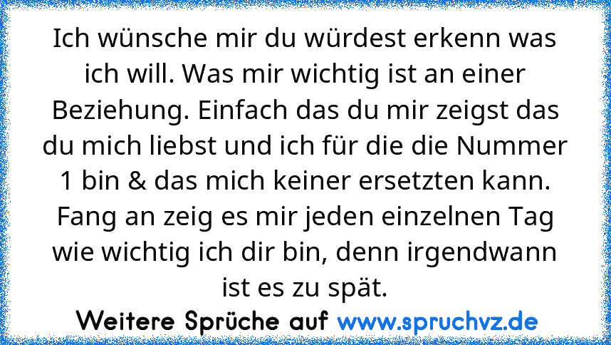 Ich wünsche mir du würdest erkenn was ich will. Was mir wichtig ist an einer Beziehung. Einfach das du mir zeigst das du mich liebst und ich für die die Nummer 1 bin & das mich keiner ersetzten kann. Fang an zeig es mir jeden einzelnen Tag wie wichtig ich dir bin, denn irgendwann ist es zu spät.