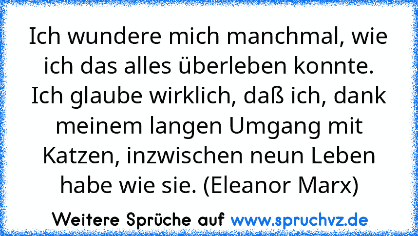 Ich wundere mich manchmal, wie ich das alles überleben konnte. Ich glaube wirklich, daß ich, dank meinem langen Umgang mit Katzen, inzwischen neun Leben habe wie sie. (Eleanor Marx)