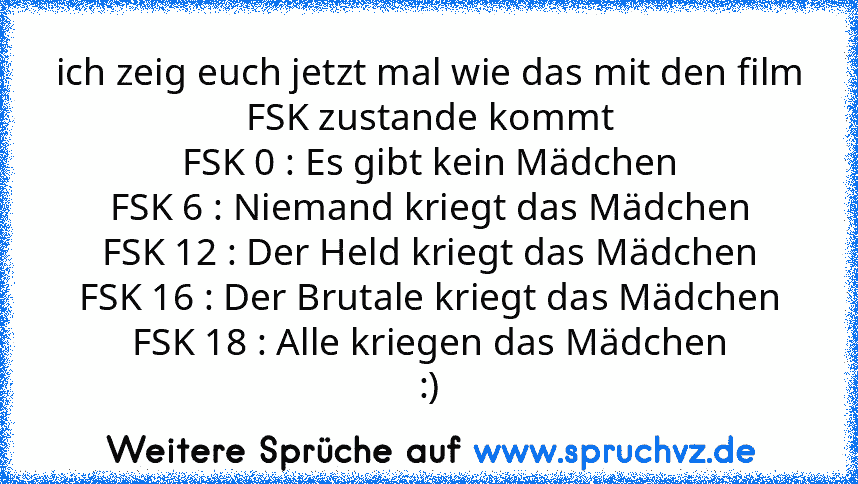 ich zeig euch jetzt mal wie das mit den film FSK zustande kommt
FSK 0 : Es gibt kein Mädchen
FSK 6 : Niemand kriegt das Mädchen
FSK 12 : Der Held kriegt das Mädchen
FSK 16 : Der Brutale kriegt das Mädchen
FSK 18 : Alle kriegen das Mädchen
:)