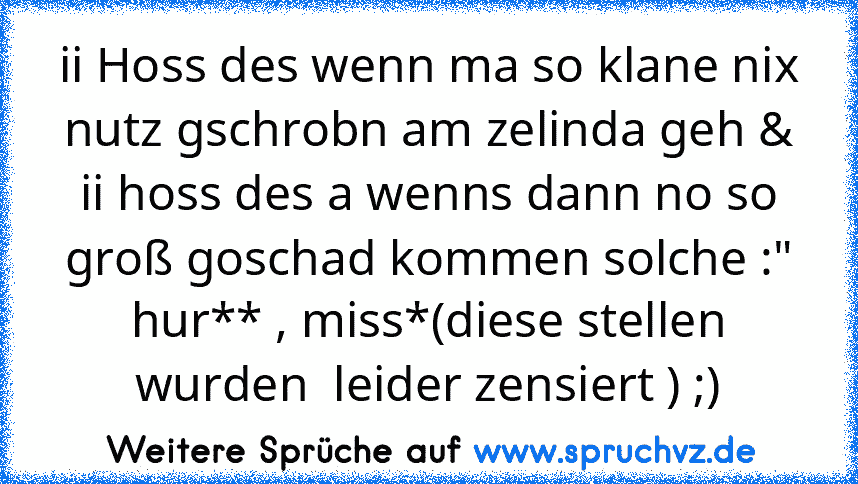 ii Hoss des wenn ma so klane nix nutz gschrobn am zelinda geh & ii hoss des a wenns dann no so groß goschad kommen solche :" hur** , miss*(diese stellen wurden  leider zensiert ) ;)