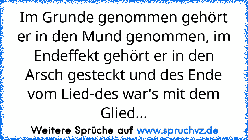 Im Grunde genommen gehört er in den Mund genommen, im Endeffekt gehört er in den Arsch gesteckt und des Ende vom Lied-des war's mit dem Glied...