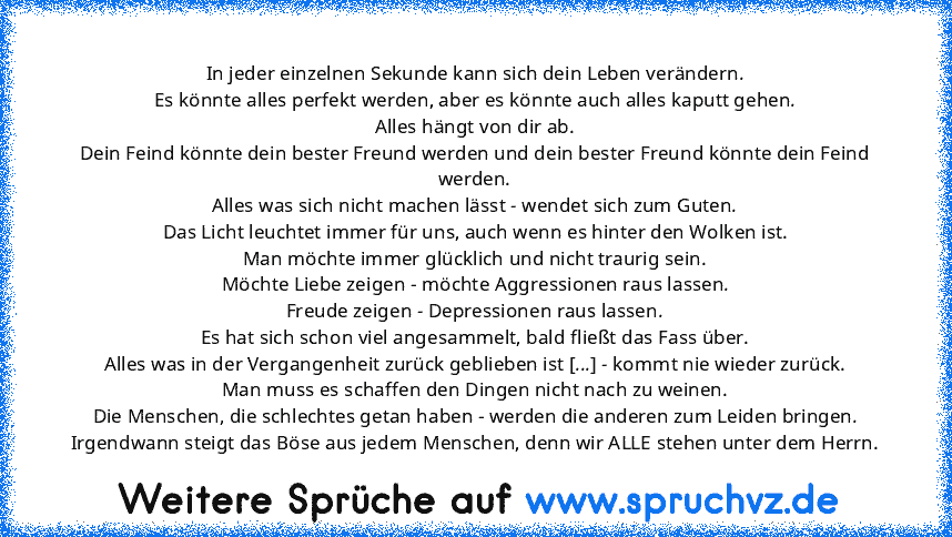 In jeder einzelnen Sekunde kann sich dein Leben verändern.
Es könnte alles perfekt werden, aber es könnte auch alles kaputt gehen.
Alles hängt von dir ab.
Dein Feind könnte dein bester Freund werden und dein bester Freund könnte dein Feind werden.
Alles was sich nicht machen lässt - wendet sich zum Guten.
Das Licht leuchtet immer für uns, auch wenn es hinter den Wolken ist.
Man möchte immer glü...