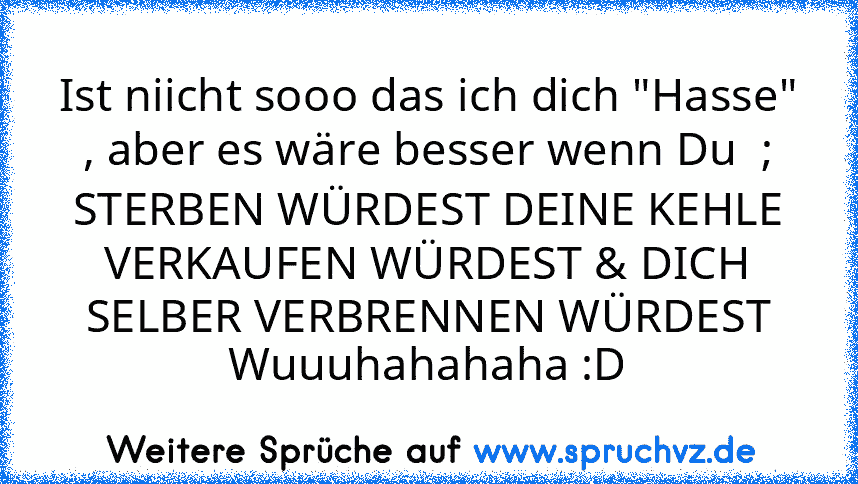 Ist niicht sooo das ich dich "Hasse" , aber es wäre besser wenn Du  ; STERBEN WÜRDEST DEINE KEHLE VERKAUFEN WÜRDEST & DICH SELBER VERBRENNEN WÜRDEST Wuuuhahahaha :D