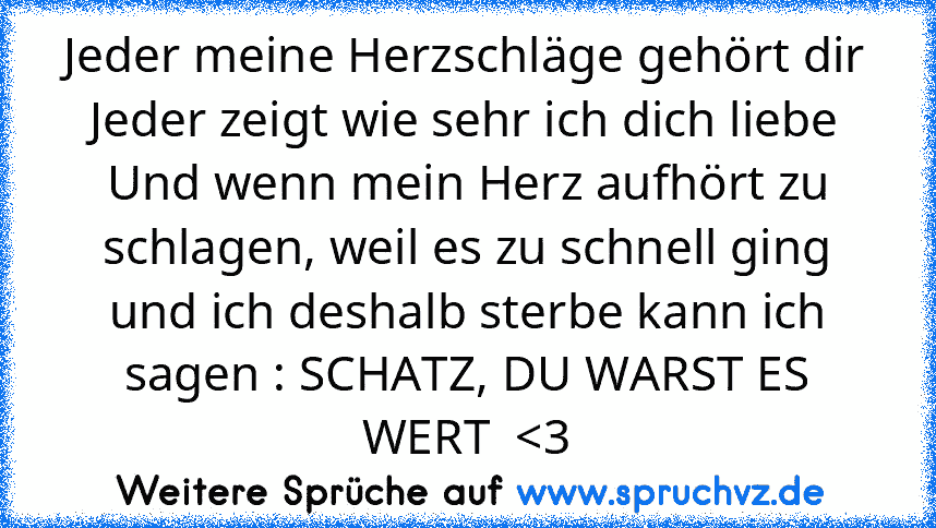 Jeder meine Herzschläge gehört dir Jeder zeigt wie sehr ich dich liebe Und wenn mein Herz aufhört zu schlagen, weil es zu schnell ging und ich deshalb sterbe kann ich sagen : SCHATZ, DU WARST ES WERT  