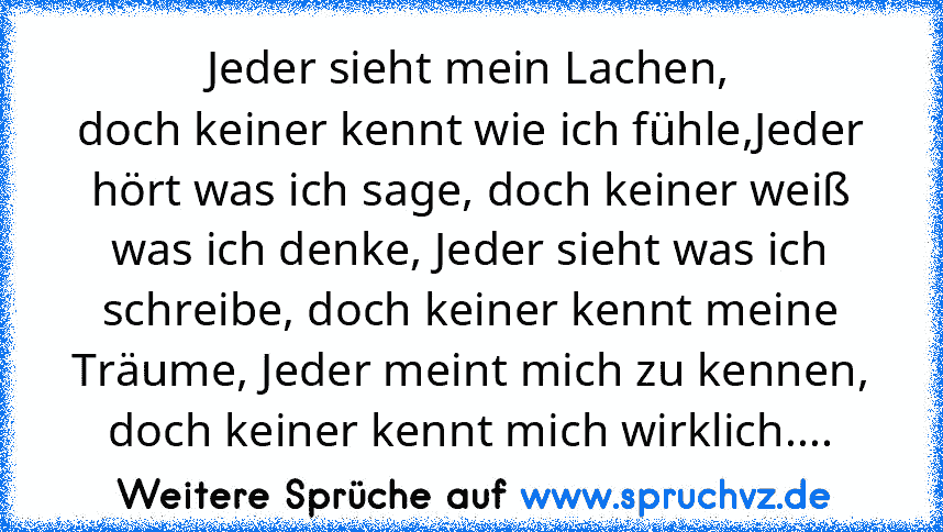 Jeder sieht mein Lachen,
doch keiner kennt wie ich fühle,Jeder hört was ich sage, doch keiner weiß was ich denke, Jeder sieht was ich schreibe, doch keiner kennt meine Träume, Jeder meint mich zu kennen, doch keiner kennt mich wirklich....