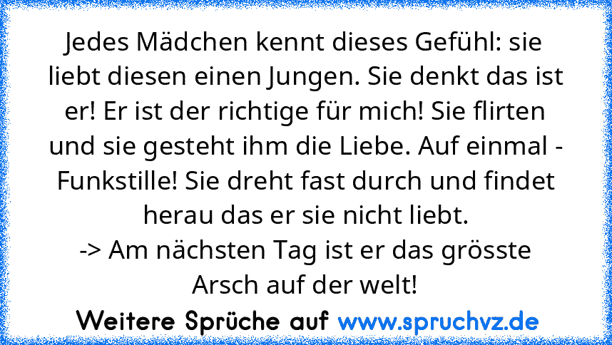 Jedes Mädchen kennt dieses Gefühl: sie liebt diesen einen Jungen. Sie denkt das ist er! Er ist der richtige für mich! Sie flirten und sie gesteht ihm die Liebe. Auf einmal - Funkstille! Sie dreht fast durch und findet herau das er sie nicht liebt.
-> Am nächsten Tag ist er das grösste Arsch auf der welt!