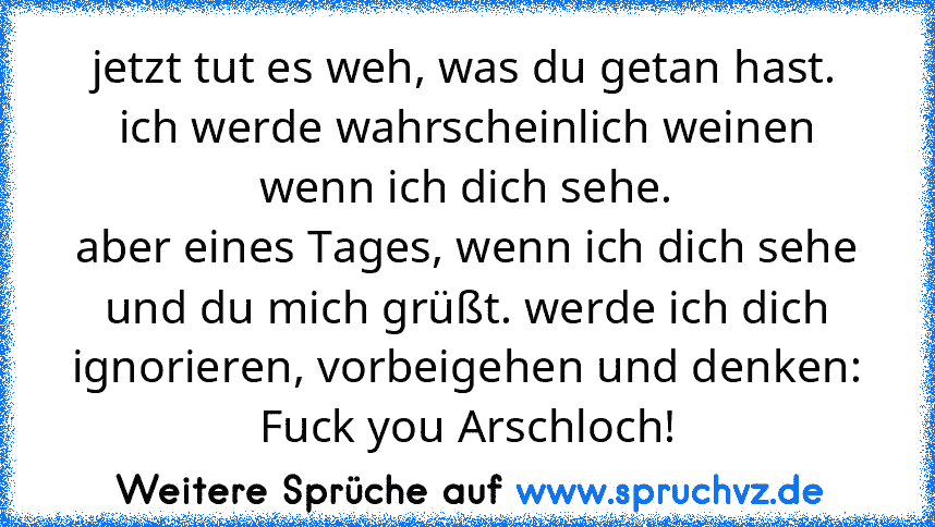 jetzt tut es weh, was du getan hast. ich werde wahrscheinlich weinen wenn ich dich sehe.
aber eines Tages, wenn ich dich sehe und du mich grüßt. werde ich dich ignorieren, vorbeigehen und denken:
Fuck you Arschloch!