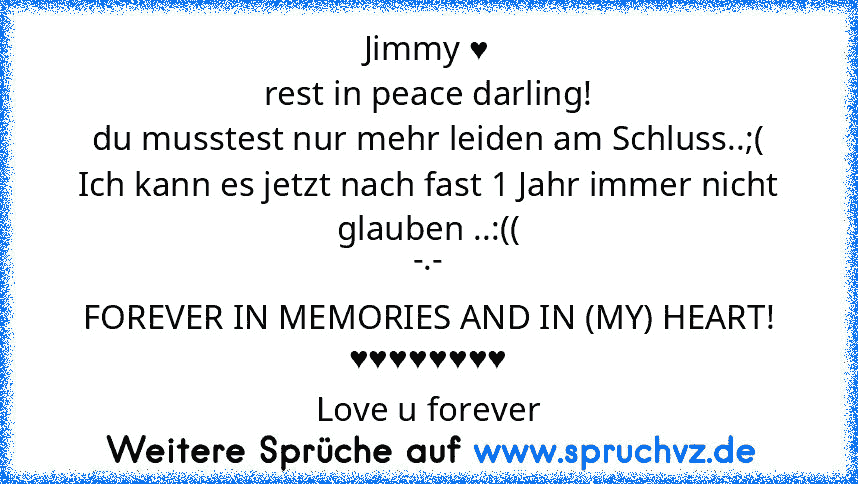 Jimmy ♥
rest in peace darling!
du musstest nur mehr leiden am Schluss..;(
Ich kann es jetzt nach fast 1 Jahr immer nicht glauben ..:((
-.-
FOREVER IN MEMORIES AND IN (MY) HEART!
♥♥♥♥♥♥♥♥
Love u forever