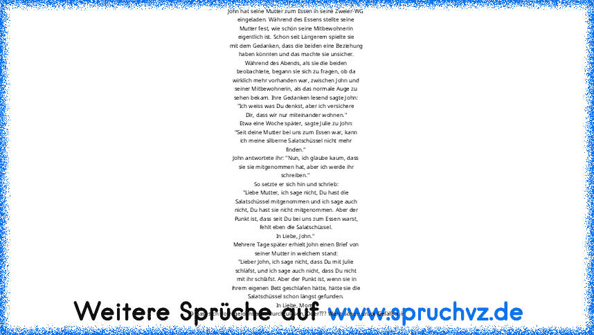 John hat seine Mutter zum Essen in seine Zweier-WG
eingeladen. Während des Essens stellte seine
Mutter fest, wie schön seine Mitbewohnerin
eigentlich ist. Schon seit Längerem spielte sie
mit dem Gedanken, dass die beiden eine Beziehung
haben könnten und das machte sie unsicher.
Während des Abends, als sie die beiden
beobachtete, begann sie sich zu fragen, ob da
wirklich mehr vorhanden war, zwis...