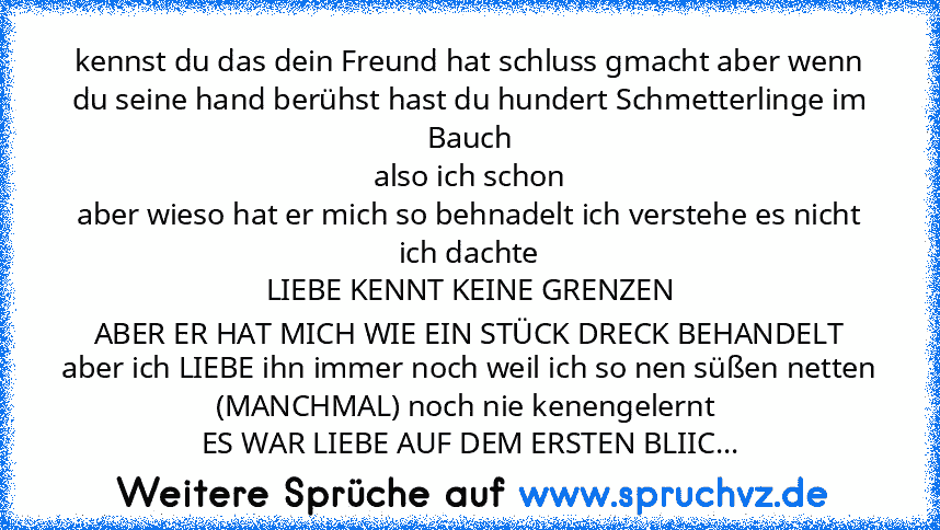 kennst du das dein Freund hat schluss gmacht aber wenn du seine hand berühst hast du hundert Schmetterlinge im Bauch
also ich schon
aber wieso hat er mich so behnadelt ich verstehe es nicht ich dachte
LIEBE KENNT KEINE GRENZEN
ABER ER HAT MICH WIE EIN STÜCK DRECK BEHANDELT
aber ich LIEBE ihn immer noch weil ich so nen süßen netten (MANCHMAL) noch nie kenengelernt 
ES WAR LIEBE AUF DEM ERSTEN BL...