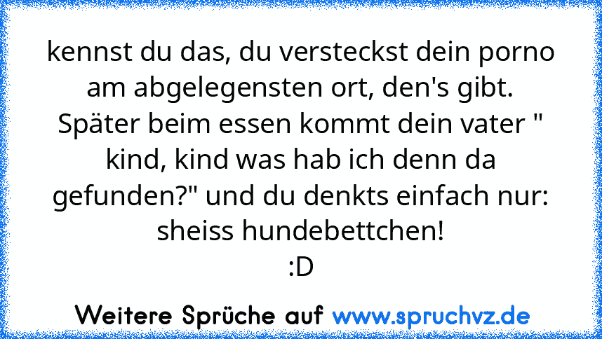 kennst du das, du versteckst dein porno am abgelegensten ort, den's gibt.
Später beim essen kommt dein vater " kind, kind was hab ich denn da gefunden?" und du denkts einfach nur: sheiss hundebettchen!
:D