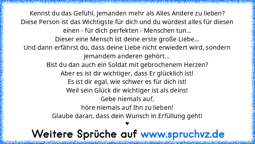 Kennst du das Gefühl, jemanden mehr als Alles Andere zu lieben?
Diese Person ist das Wichtigste für dich und du würdest alles für diesen einen - für dich perfekten - Menschen tun...
Dieser eine Mensch ist deine erste große Liebe...
Und dann erfährst du, dass deine Liebe nicht erwiedert wird, sondern jemandem anderen gehört...
Bist du dan auch ein Soldat mit gebrochenem Herzen?
Aber es ist dir w...