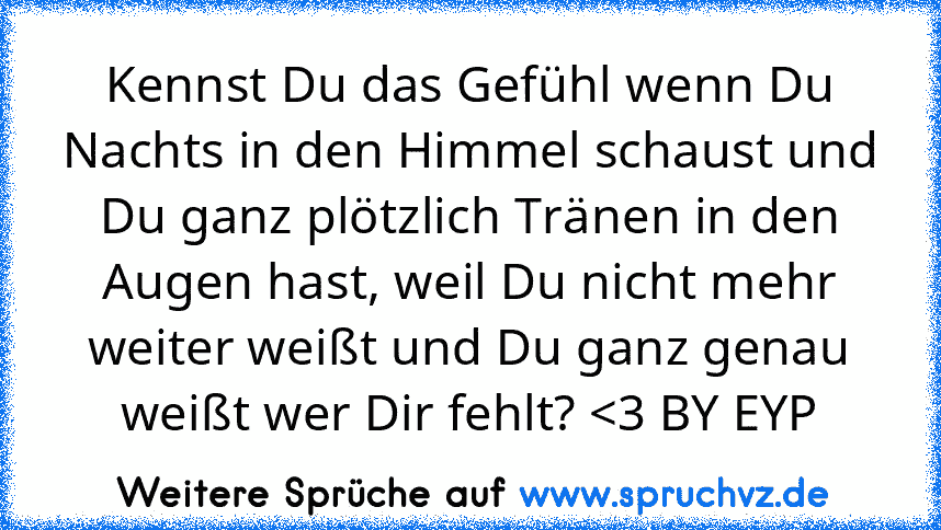 Kennst Du das Gefühl wenn Du Nachts in den Himmel schaust und Du ganz plötzlich Tränen in den Augen hast, weil Du nicht mehr weiter weißt und Du ganz genau weißt wer Dir fehlt? 