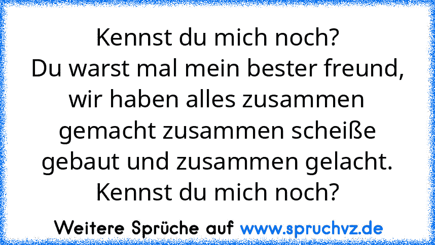 Kennst du mich noch?
Du warst mal mein bester freund, wir haben alles zusammen gemacht zusammen scheiße gebaut und zusammen gelacht.
Kennst du mich noch?