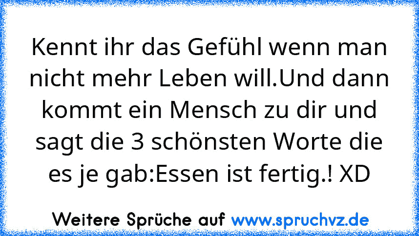 Kennt ihr das Gefühl wenn man nicht mehr Leben will.Und dann kommt ein Mensch zu dir und sagt die 3 schönsten Worte die es je gab:Essen ist fertig.! XD