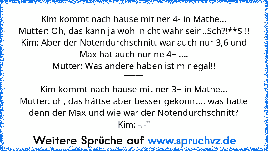 Kim kommt nach hause mit ner 4- in Mathe...
Mutter: Oh, das kann ja wohl nicht wahr sein..Sch?!**$ !!
Kim: Aber der Notendurchschnitt war auch nur 3,6 und Max hat auch nur ne 4+ ....
Mutter: Was andere haben ist mir egal!!
_____
Kim kommt nach hause mit ner 3+ in Mathe...
Mutter: oh, das hättse aber besser gekonnt... was hatte denn der Max und wie war der Notendurchschnitt?
Kim: -.-''