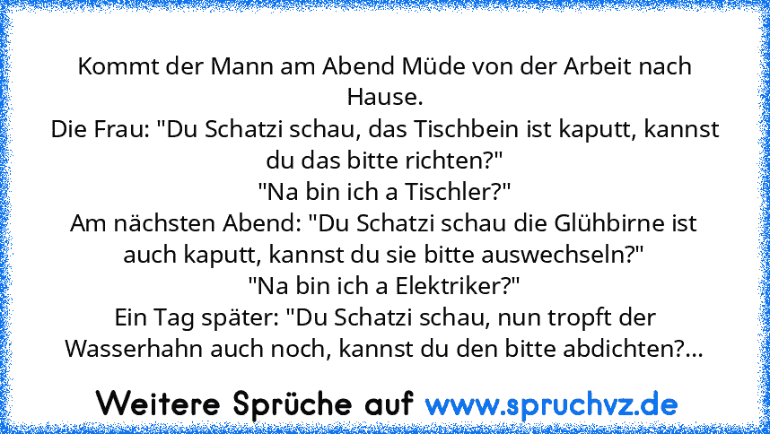 Kommt der Mann am Abend Müde von der Arbeit nach Hause.
Die Frau: "Du Schatzi schau, das Tischbein ist kaputt, kannst du das bitte richten?"
"Na bin ich a Tischler?"
Am nächsten Abend: "Du Schatzi schau die Glühbirne ist auch kaputt, kannst du sie bitte auswechseln?"
"Na bin ich a Elektriker?"
Ein Tag später: "Du Schatzi schau, nun tropft der Wasserhahn auch noch, kannst du den bitte abdichten?...