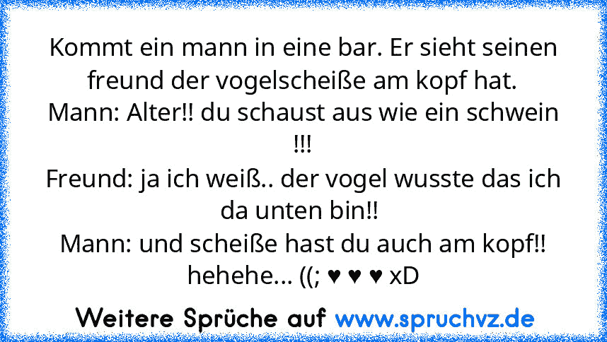 Kommt ein mann in eine bar. Er sieht seinen freund der vogelscheiße am kopf hat.
Mann: Alter!! du schaust aus wie ein schwein !!!
Freund: ja ich weiß.. der vogel wusste das ich da unten bin!! 
Mann: und scheiße hast du auch am kopf!!
hehehe... ((; ♥ ♥ ♥ xD