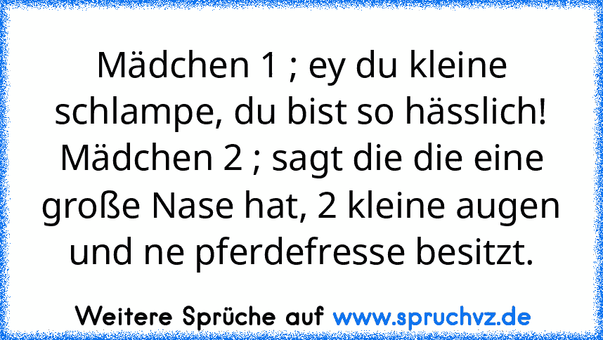 Mädchen 1 ; ey du kleine schlampe, du bist so hässlich!
Mädchen 2 ; sagt die die eine große Nase hat, 2 kleine augen und ne pferdefresse besitzt.