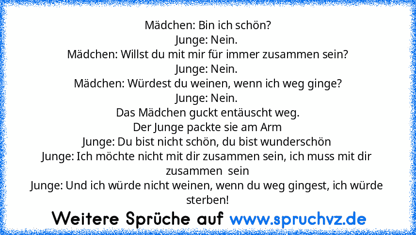 Mädchen: Bin ich schön?
Junge: Nein.
Mädchen: Willst du mit mir für immer zusammen sein?
Junge: Nein.
Mädchen: Würdest du weinen, wenn ich weg ginge?
Junge: Nein.
Das Mädchen guckt entäuscht weg.
Der Junge packte sie am Arm
Junge: Du bist nicht schön, du bist wunderschön
Junge: Ich möchte nicht mit dir zusammen sein, ich muss mit dir zusammen  sein
Junge: Und ich würde nicht weinen, wenn du weg...