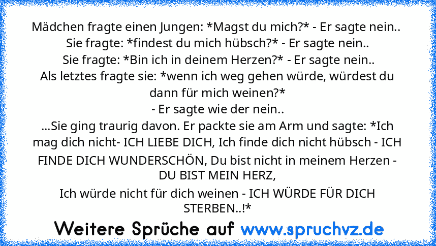 Mädchen fragte einen Jungen: *Magst du mich?* - Er sagte nein.. 
Sie fragte: *findest du mich hübsch?* - Er sagte nein..
 Sie fragte: *Bin ich in deinem Herzen?* - Er sagte nein..
Als letztes fragte sie: *wenn ich weg gehen würde, würdest du dann für mich weinen?*
- Er sagte wie der nein..
...Sie ging traurig davon. Er packte sie am Arm und sagte: *Ich mag dich nicht- ICH LIEBE DICH, Ich finde ...