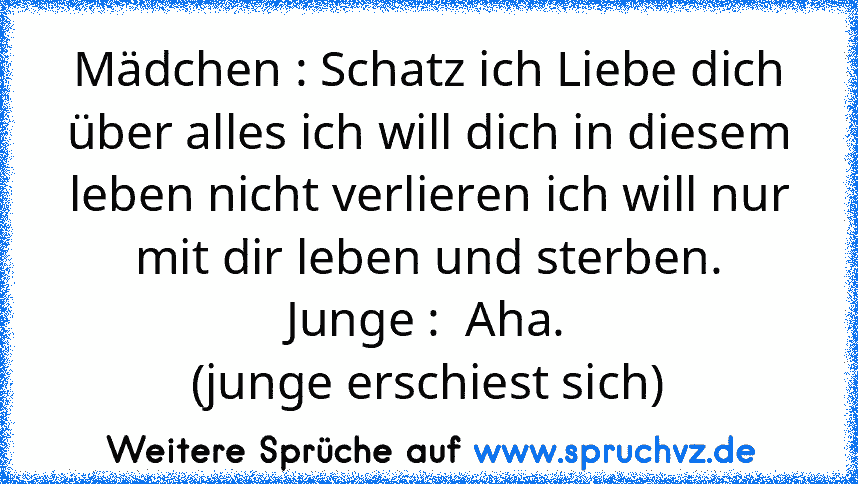 Mädchen : Schatz ich Liebe dich über alles ich will dich in diesem leben nicht verlieren ich will nur mit dir leben und sterben.
Junge :  Aha.
(junge erschiest sich)