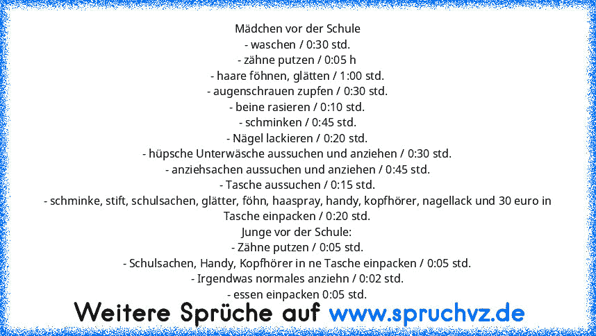 Mädchen vor der Schule
- waschen / 0:30 std.
- zähne putzen / 0:05 h
- haare föhnen, glätten / 1:00 std.
- augenschrauen zupfen / 0:30 std.
- beine rasieren / 0:10 std.
- schminken / 0:45 std.
- Nägel lackieren / 0:20 std.
- hüpsche Unterwäsche aussuchen und anziehen / 0:30 std.
- anziehsachen aussuchen und anziehen / 0:45 std.
- Tasche aussuchen / 0:15 std.
- schminke, stift, schulsachen, glät...