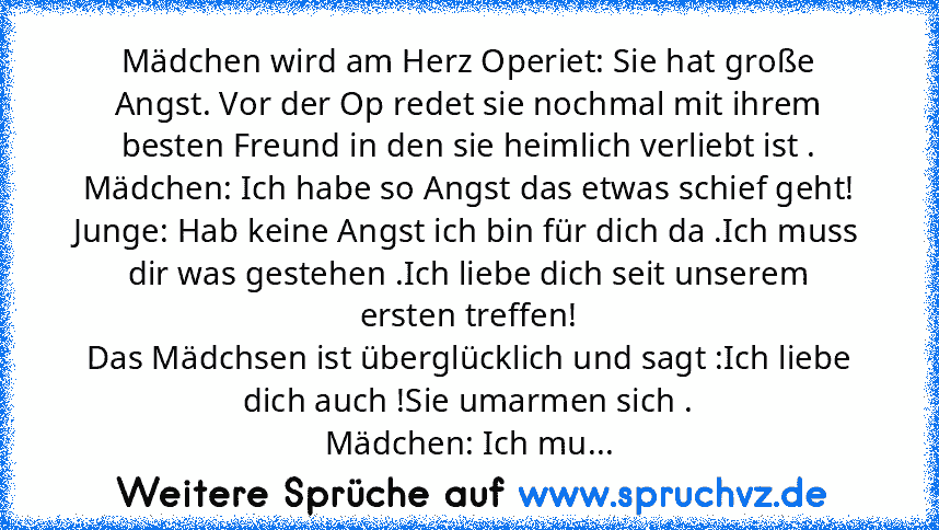 Mädchen wird am Herz Operiet: Sie hat große Angst. Vor der Op redet sie nochmal mit ihrem besten Freund in den sie heimlich verliebt ist .
Mädchen: Ich habe so Angst das etwas schief geht!
Junge: Hab keine Angst ich bin für dich da .Ich muss dir was gestehen .Ich liebe dich seit unserem ersten treffen!
Das Mädchsen ist überglücklich und sagt :Ich liebe dich auch !Sie umarmen sich .
Mädchen: Ich mu...