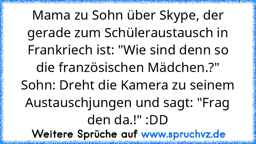 Mama zu Sohn über Skype, der gerade zum Schüleraustausch in Frankriech ist: "Wie sind denn so die französischen Mädchen.?"
Sohn: Dreht die Kamera zu seinem Austauschjungen und sagt: "Frag den da.!" :DD