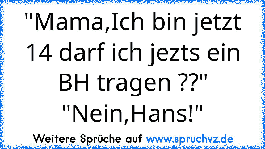 "Mama,Ich bin jetzt 14 darf ich jezts ein BH tragen ??"
"Nein,Hans!"