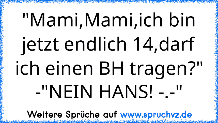 "Mami,Mami,ich bin jetzt endlich 14,darf ich einen BH tragen?"
-"NEIN HANS! -.-"