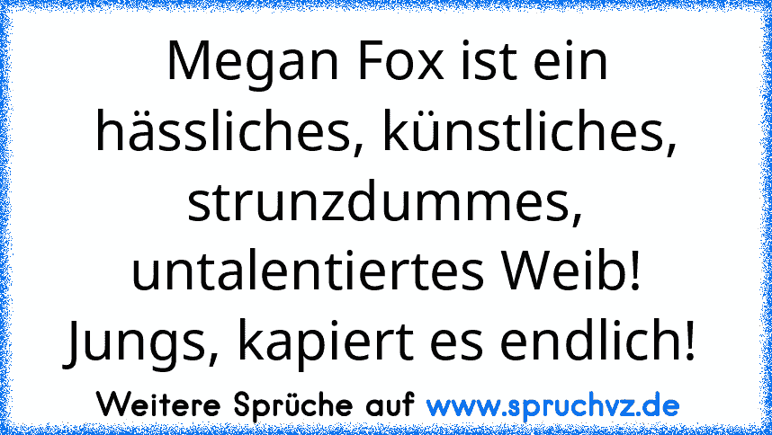 Megan Fox ist ein hässliches, künstliches, strunzdummes, untalentiertes Weib! Jungs, kapiert es endlich!