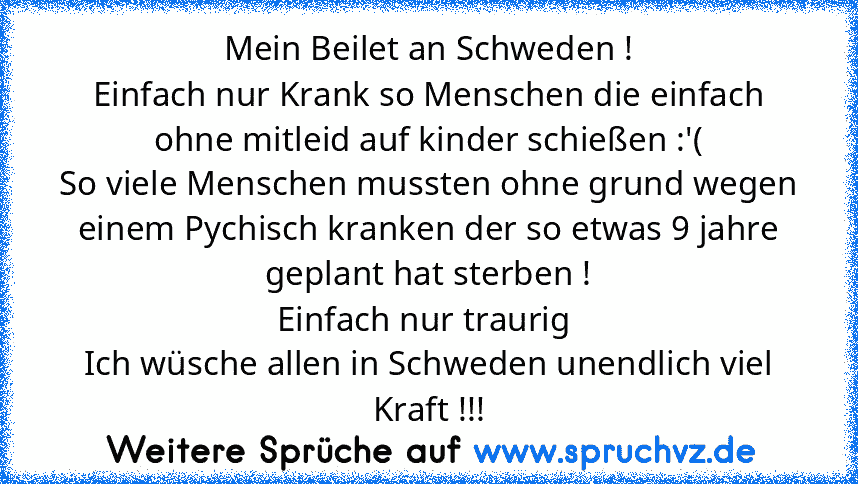 Mein Beilet an Schweden !
Einfach nur Krank so Menschen die einfach ohne mitleid auf kinder schießen :'(
So viele Menschen mussten ohne grund wegen einem Pychisch kranken der so etwas 9 jahre geplant hat sterben !
Einfach nur traurig 
Ich wüsche allen in Schweden unendlich viel Kraft !!!